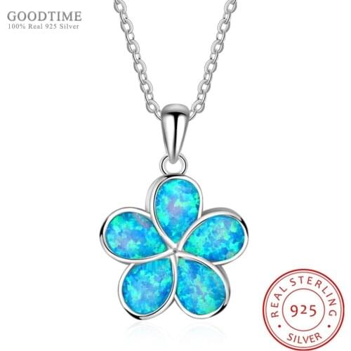 Trendy New Really 925 Sterling Silver Fine Jewelry Blue Opal Flower Pendant Necklaces Anniversary Jewelry Gift For Women Girl
