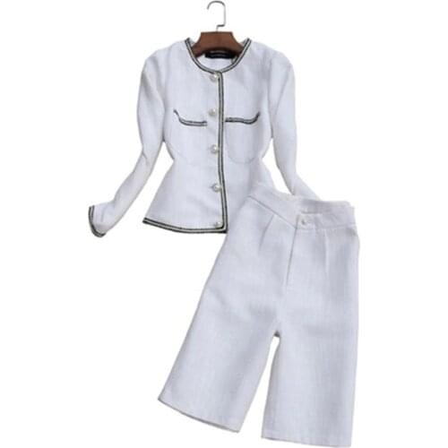 Fashion casual plaid suit women spring New small fragrance Tweed stitching white jacket + five-point pants two-piece Sets women