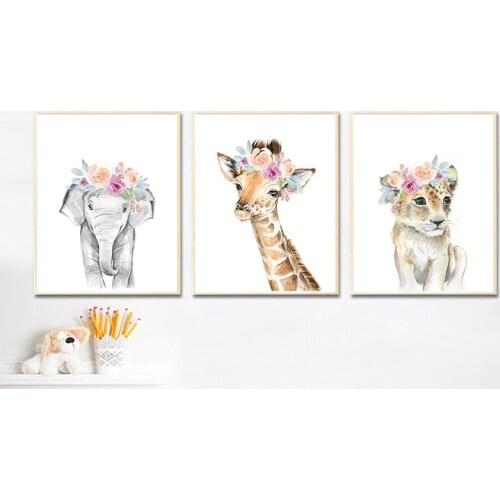Wall Art Picture Nordic Posters Kids Baby Bedroom Decor Floral Safari Animal Lion Elephant Canvas Painting Nursery Poster Print