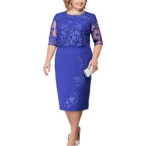 Cheap Lace Plus Size Mother Of The Bride Dresses 2021 Scoop Neck Half Sleeve Tea Length Patchwork Wedding Guest Party Gown