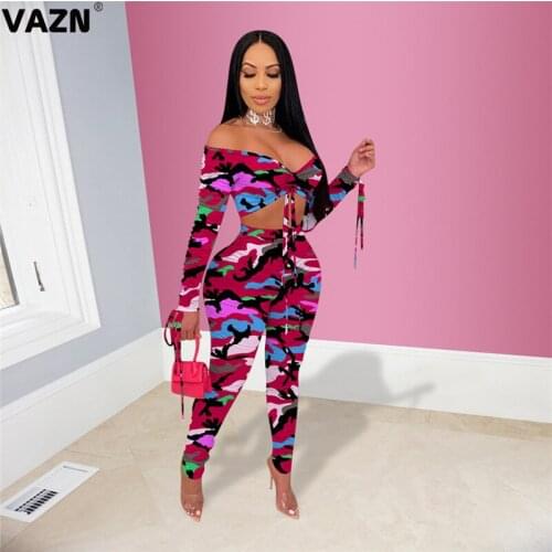 VAZN 2020 Top Quality New Arrival Sexy Club Hollow Out Style Strapless Full Sleeve Group Long Pants Slim Women 2 Piece Set