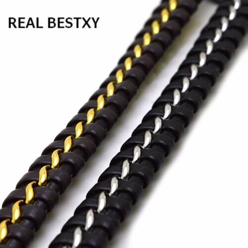 REAL BESTXY Flat Wide Braided Leather stainless steel chain leather Cords Ropes fit Wrap Bracelet DIY Jewelry Making Findings