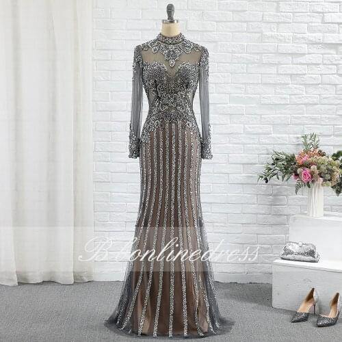 Luxurious Grey Evening Dress Long Crystal Beaded Illusion Mermaid Women Party Night Formal Gowns abendkleider 2020 Bbonlinedress