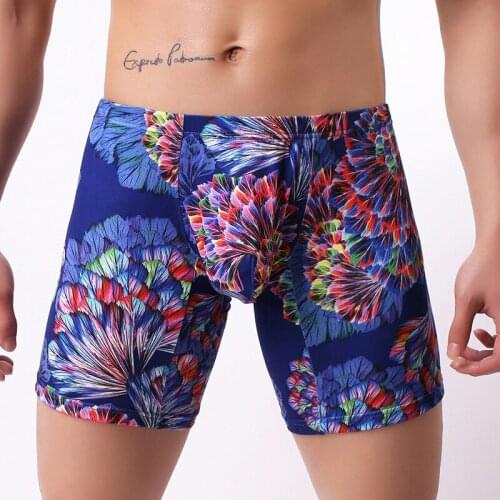 Floral Printed Men Long Boxer Shorts Sexy Bugle Pouch Underwear Plus Size Underpants Cueca Panties Quick-Drying Beach Swimwear