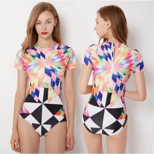 Sexy Women One Piece Suits Short Sleeve Printed Rash Guards S-2XL Swimwear Zipper Plus Size Push Up Surfing Suit Beach Swimsuit