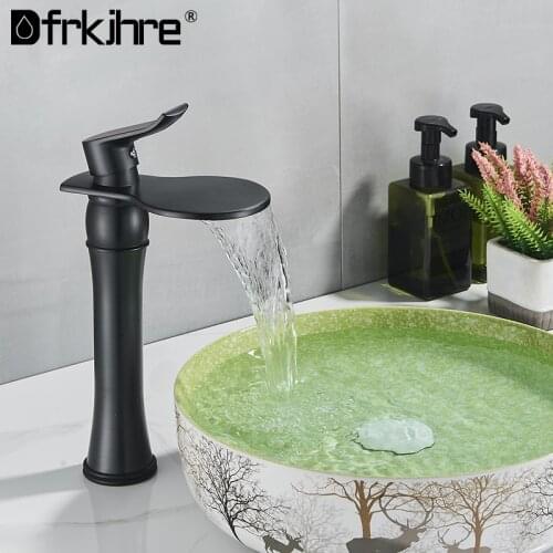 Waterfall Bathroom Basin Faucet Deck Mount Bathroom Washbasin Black Hot Cold Water Basin Mixer Tap Basin Crane Single Hole Tap