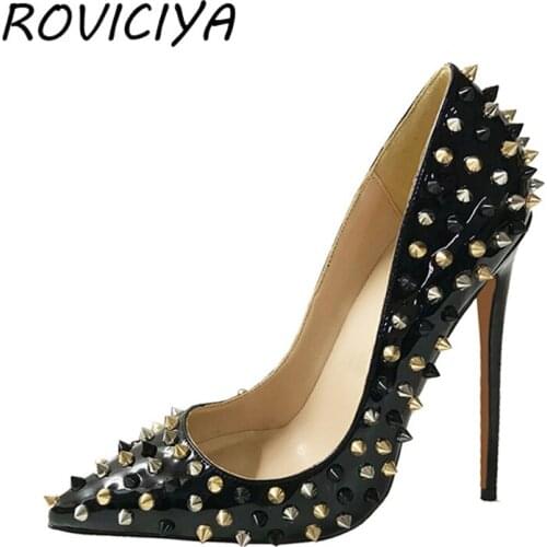 Pumps women shoes gold rivets patent leather female woman shoes ladies high heel spring autumn 8-12 cm 33-45 MD009 ROVICIYA