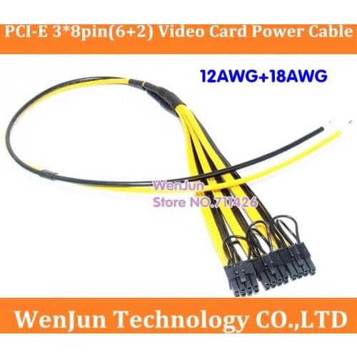 High Quality GPU Graphics Video Card 3 PCIe PCI-E Molex 8pin 6+2pin DIY Splitter Power Cable 12AWG+18AWG Ribbon Cable for Miner