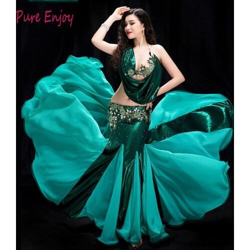 Green Belly Dance Show Costume 2 Piece Set Women Bellydance Luxury Rhinestone Bag hip fishtail Skirt Costume Dress Performances