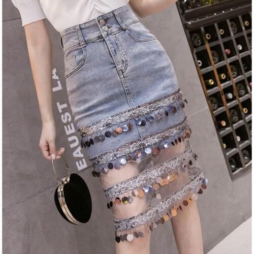 Spring Summer New Fashion Denim Skirt Sequined Package Hip High Waist Step Jeans Skirts Plus Size 2XL