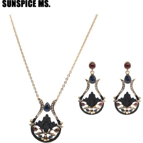 SUNSPICE MS Vintage Turkish Jewerly Sets Women Antique Gold Color Black Spray Paint Flower Dangle Earring Thin Pendant Necklace