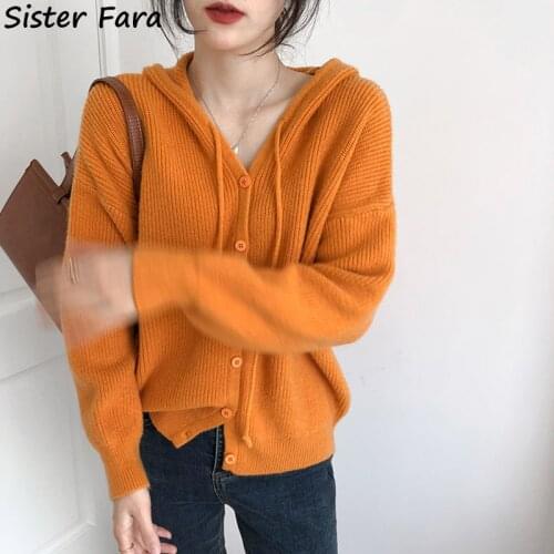 Sister Fara Autumn Winter Hooded Drawstring Sweaters Women V-neck Knitwear Cardigans Ladies Single-breasted Casual Knit Sweater