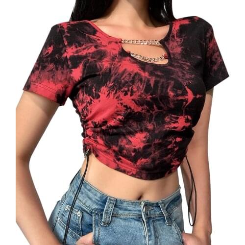 Womans Sexy Tie-dye Midriff-baring Top, U-neck Chain Short Sleeve Slim Elastic T-shirt, Daily Life and Vacation