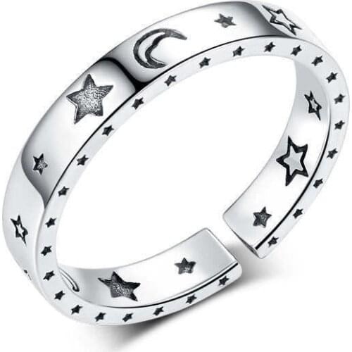 Round Ancient Silver Color Star Moon Smile Face Open Ring For Women Simple Cute Geometric Smiley Faces Adjustable Rings A920