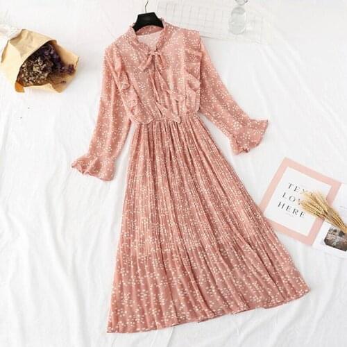 Floral Print Chiffon Dress 2020 Women Spring Vintage Ruffle Long Sleeve Dress Elastic Waist Elegant Party Long Dress Vestidos