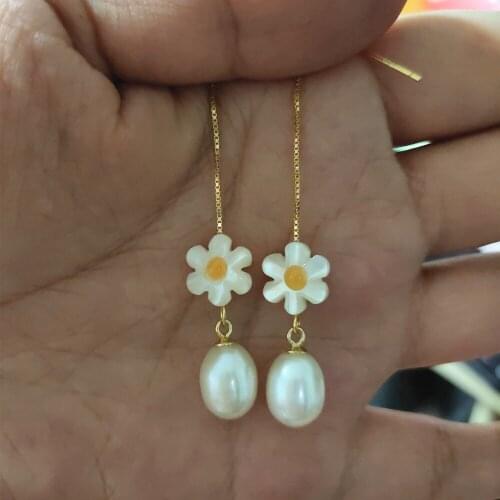 1 pair New Arrived 10mm Daisy flower Pearl Shell Natural Oval Pearl earring with 925 gold plated earrings for women Gift jewelry