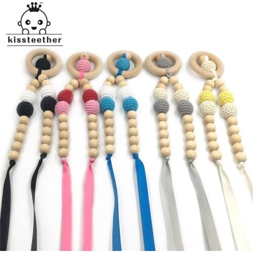 5pcs Baby Teether Necklace Safe Bright Ribbon Teether Necklace Organic Natural Wooden Crochet Bead Mom Kids Wooden Teether
