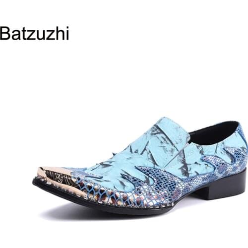 Batzuzhi Brand New Men Shoes Personality Metal Toe Blue Formal Leather Dress Shoes Men Business, Party and Wedding Shoes Male