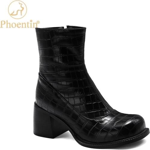 Phoentin Winter Boots Women Vintage Big Round Head Ankle Boots Crocodile Chunky Heels With Side Zip Closure Plus Size 48 FT1320