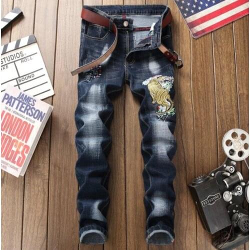 Cheap jeans men biker jeans men Dark blue tiger embroidery trousers male denim pants motorcycle fashion designer