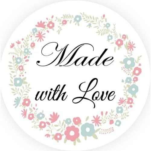 DouxArt 100pcs 40mm Made with Love Stickers Seals Garland Wedding Decoration Communion Handmade Stickers Label A021