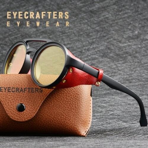 EYECRAFTERS 2020 Men Steampunk Gothic Goggles Sunglasses Women Retro Fashion Leather With Side Shades Round Sun glasses NEW