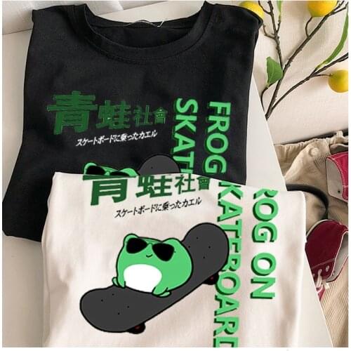 Japanese Harajuku Skateboard Frog Print T-shirt Kawaii Green O-neck Short Sleeve Street Casual Ulzzang Loose Top Men and Women