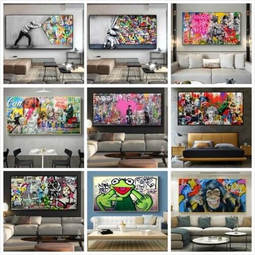 Graffiti Art Behind the CurtainPainting on Canvas Posters and Prints Street Wall Art Picture for Living Room Cuadros Home Decor