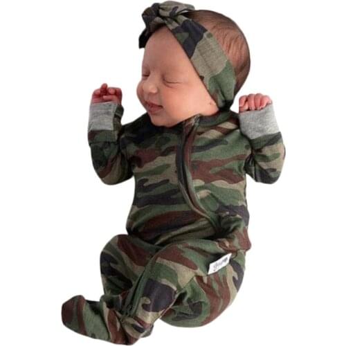 2Pcs Infant Toddlers Baby Boys Long Sleeve Camouflage One-piece Romper+Bow-Tie Headband Baby Clothing Outfits 0-9M