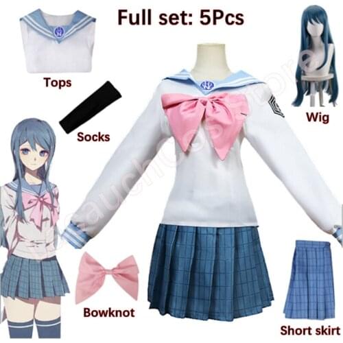 Anime Danganronpa Maizono Sayaka Cosplay Costume School Girl JK Uniform Skirt Set Halloween Party Carnival Dress Wig Hairnet
