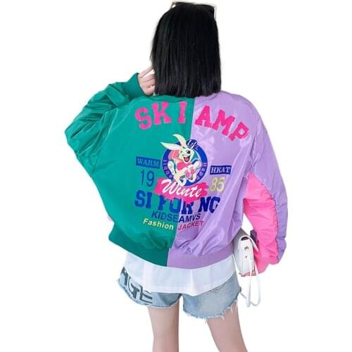 Spring New Harajuku Women Chic Fashion Contrast Color Jacket Rabbit Print Smooth Fake Two-Piece Casual Loose Baseball Outerwear