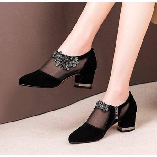 Summer Women High Heel Shoes Mesh Breathable Pumps Zip Pointed Toe Thick Heels Fashion Female Dress Shoes Elegant Footwear