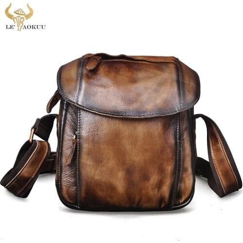Soft Real Leather Male Coffee Over The Shoulder Messenger bag Vintage Cross-body Bag 8" Tablet Student Mochila Satchel bag 8204