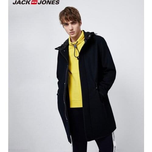 JackJones Mens Windproof Woolen Fabric Mid-length Hooded Woolen Overcoat Menswear| 219327505