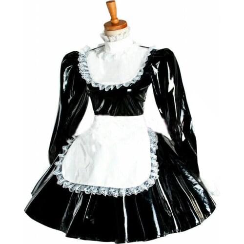 Plus Size Gothic Lolita Dress Sexy PVC Puff Long Sleeve Mini Dress PU Apron Dress with Lace Maid Cosplay Halloween Costume