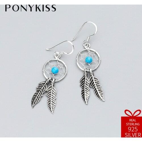 PONYKISS Bohemia S925 Sterling Silver Minimalist Cute Dreamcatcher Feather Drop Earrings Women Elegant Jewelry Anniversary Gift