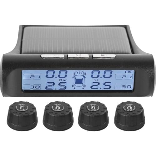 TPMS Black White Screen Car Tire Tyre Pressure Monitoring temperature Display Alarm Device with 4 Sensors support solar charging