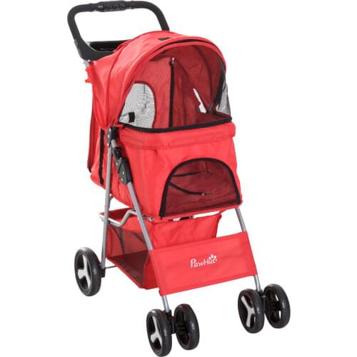 Folding pet stroller 75 × 46 × 94 cm dog cat cart wheels rotate 360 ° with red brake