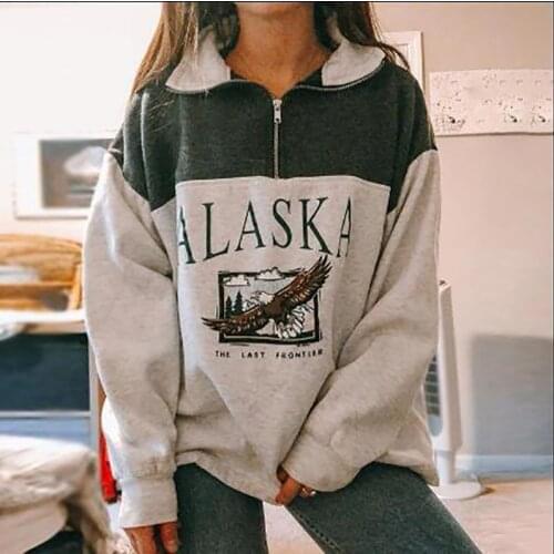 Autumn Women Hoodie Sweatshirt Vintage Casual Loose Stand Collar Zipper Letter Print Long Sleeve Oversized Tops Hoody Pullover