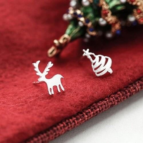 Real 925 Sterling Silver Deer Christmas tree Stud Earrings for Women Girls Fashion sterling-silver-jewelry brincos brinco