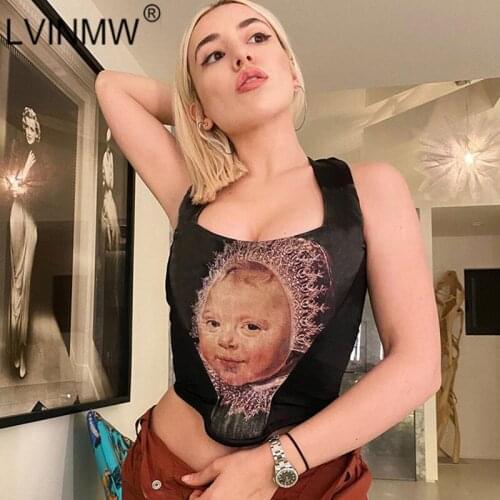 LVINMW Backless Low Cut Baby Print Vintage Slim Spring Crop Top Irregular Fashion Designed Casual Sleeveless Tank Tops Women