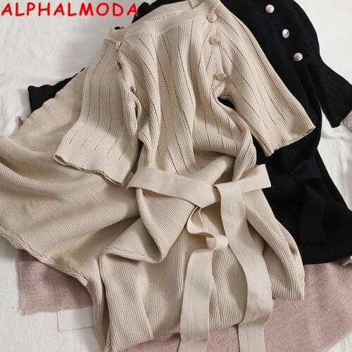 ALPHALMODA 2021 Summer Short-sleeved Knitted Dress Button Details Pullovers A-line Elegant OL Fashion Dress