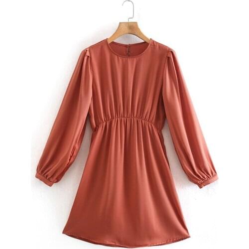Spring new Women Za dress Fashion 2021 Vintage Silk texture o-neck solid mini Dress Long Sleeve Mujer Vestidos