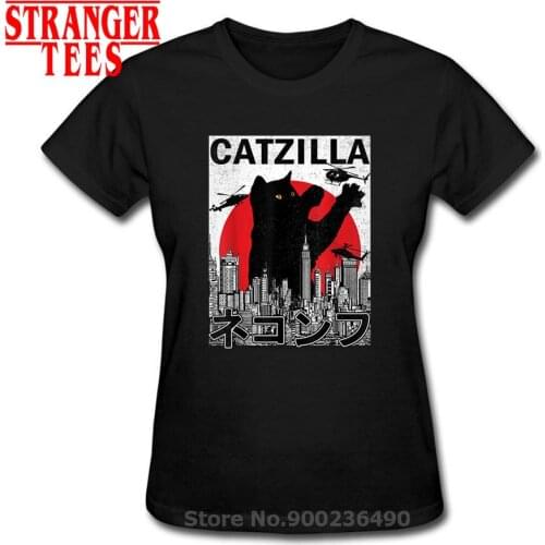 Catzilla Japanese Cat Kitten Lover woman Vintage Sunset T Shirt Casual Tee Short Sleeve Crew Neck T-Shirt Pure Cotton Summer Top