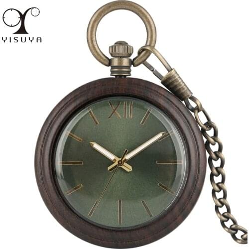 Natural Stylish Wooden Pocket Watch Luminous Hands Green Dial Ebony Pendant Quartz Pocket Timepiece Bronze Chain Retro Clock