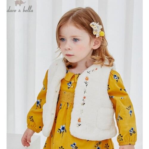 DBM15353-2 dave bella winter kids girls cute floral embroidery padded pockets button coat children fashion sleeveless vest