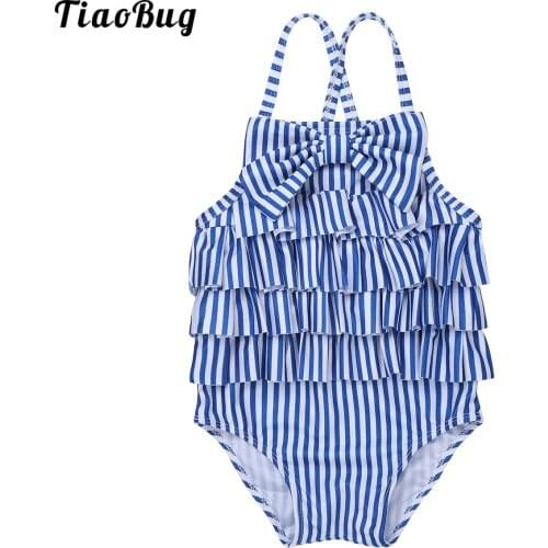 TiaoBug Kids Girls One-Piece Spaghetti Shoulder Straps Striped With Bowknot Ruffles Swimsuit Swimwear Bathing Suit