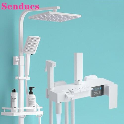 White Bathroom Shower Set Senducs Piano Thermostatic Shower System ABS Rainfall Shower Head Luxury Music Digital Bath Shower Set