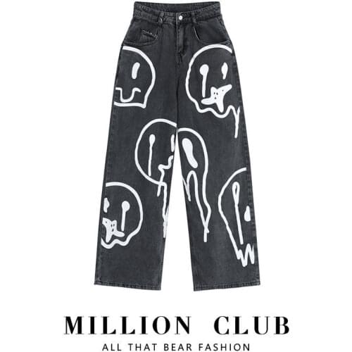 Graffiti printed jeans men and women spring and autumn couple models lazy loose wide leg pants 2021 ins net red trend hot sale