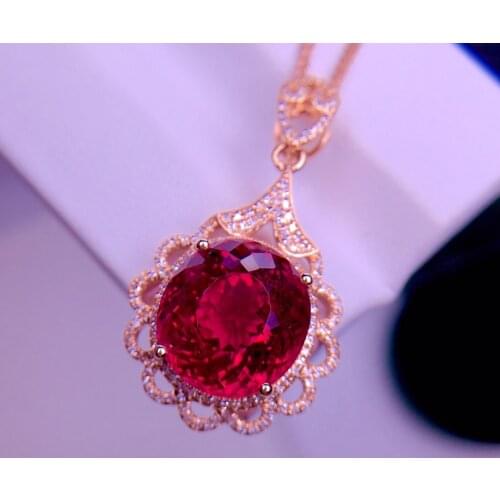 E601 Fine Jewelry Real 18K Gold Natural Red Tourmaline 6.8ct Gemstones Diamond Pendants Necklaces